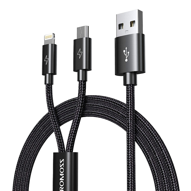 romoss-usb-a-to-lightning-and-micro-1.5m-cable-space-grey-nylon-braided-cable-1-image