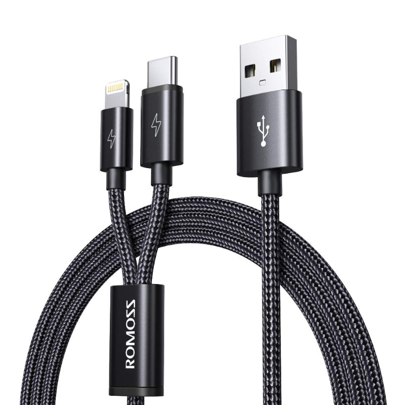 romoss-usb-a-to-lightning-and-type-c-1.5m-cable-space-grey-nylon-braided-cable-1-image